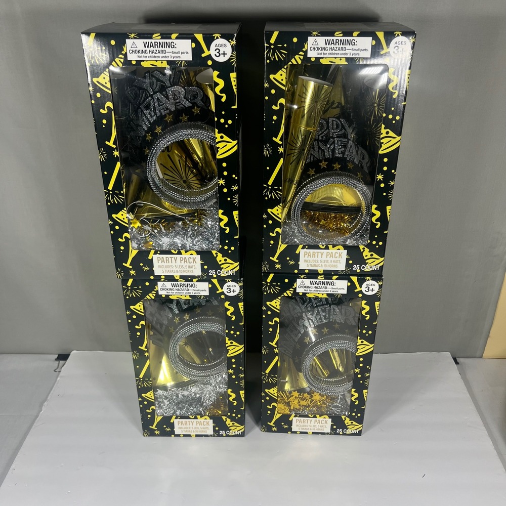 Festive Voice Party Pack Happy New Year 25 Count Set of 4 Black Gold Silver OS